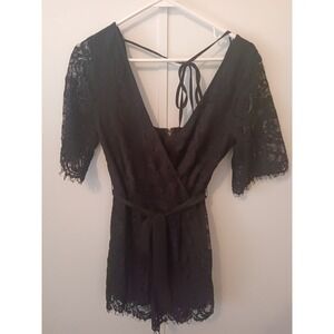 Blue Rain Black Floral Lace Romper Wrap V-Neck Tie Waist Eyelash Trim Small